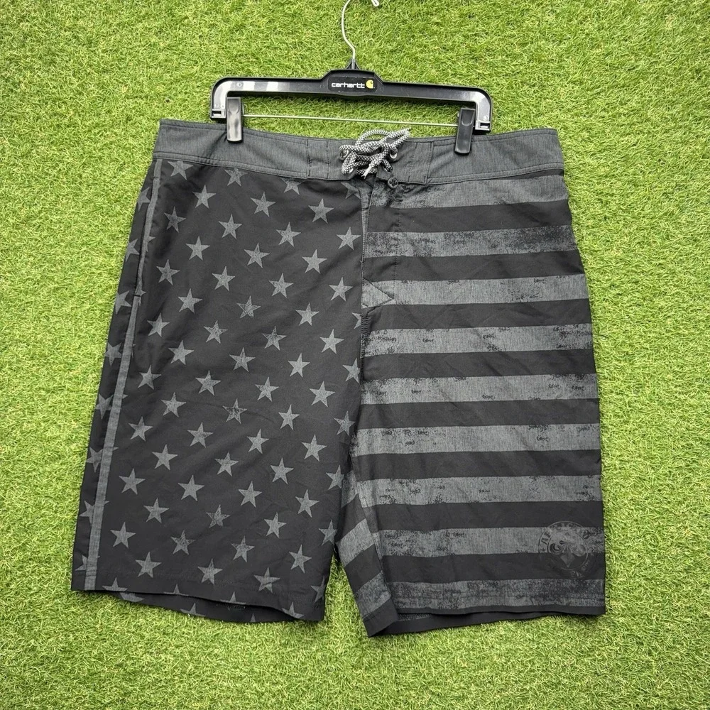 Affliction Board Shorts Mens 38 Gray Swim American Flag Stars Stripes Stretch